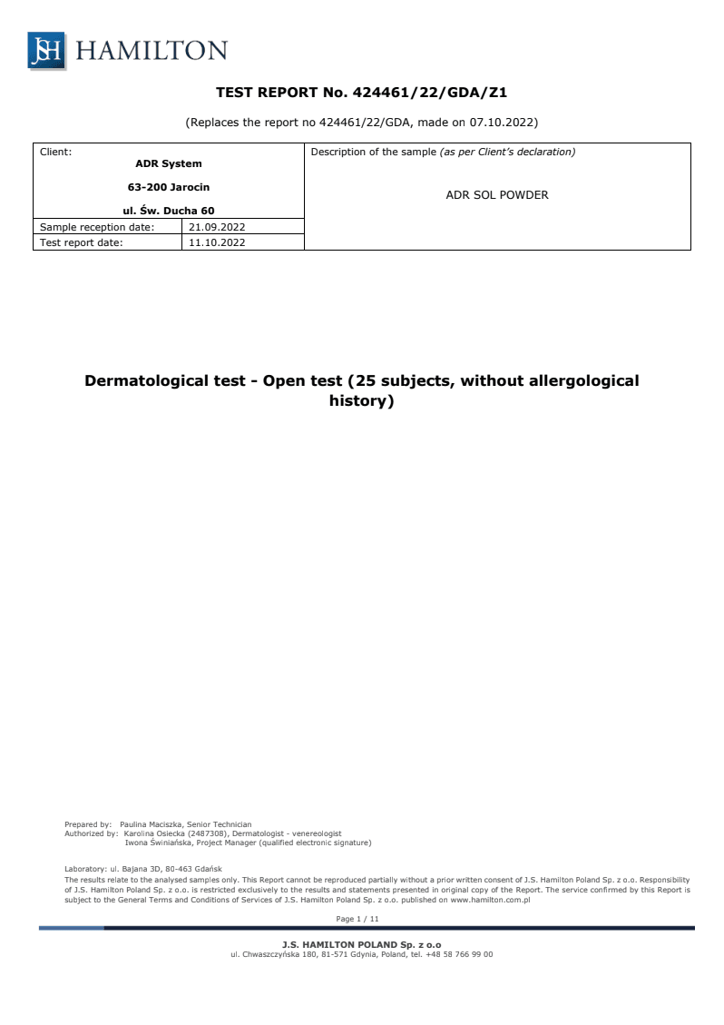 Dermatologisk testing av ADR SOL POWDER i en åpen test rapport