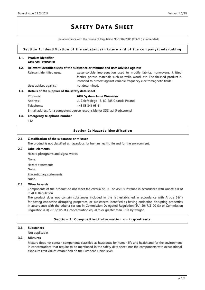 Sikkerhetsdata for ADR SOL POWDER