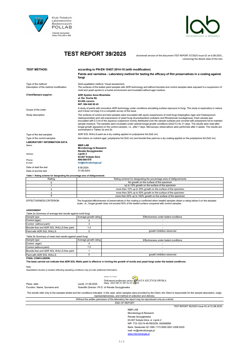 Effektiviteten av ADR SOL WALLS-belegget mot sopp. rapport